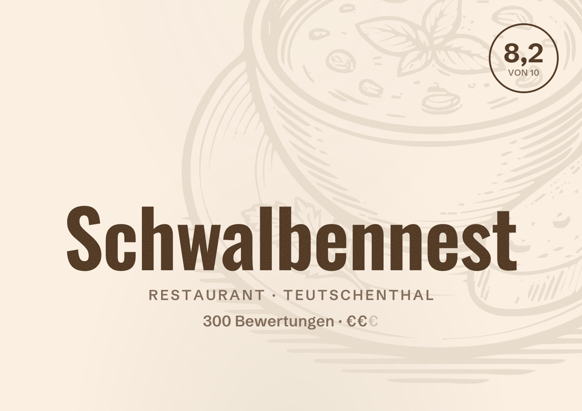 Illustriertes Poster von Schwalbennest, Restaurant in Teutschenthal: Bewertung 8,2 von 10 aus 300 Bewertungen, Preisniveau €€