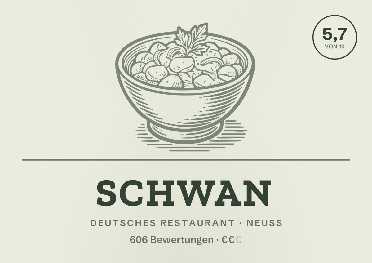 Illustriertes Poster von Schwan, Deutsches Restaurant in Neuss: Bewertung 5,7 von 10 aus 606 Bewertungen, Preisniveau €€