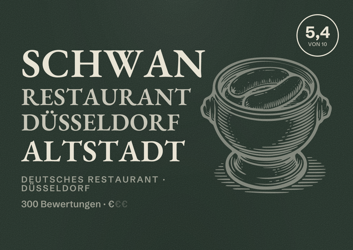 Illustriertes Poster von Schwan Restaurant Düsseldorf Altstadt, Deutsches Restaurant in Düsseldorf: Bewertung 5,4 von 10 aus 300 Bewertungen, Preisniveau €