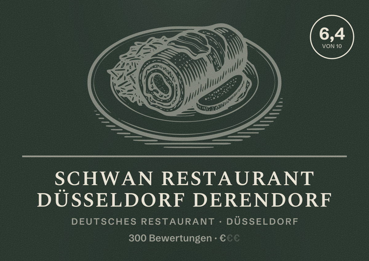 Illustriertes Poster von Schwan Restaurant Düsseldorf Derendorf, Deutsches Restaurant in Düsseldorf: Bewertung 6,4 von 10 aus 300 Bewertungen, Preisniveau €
