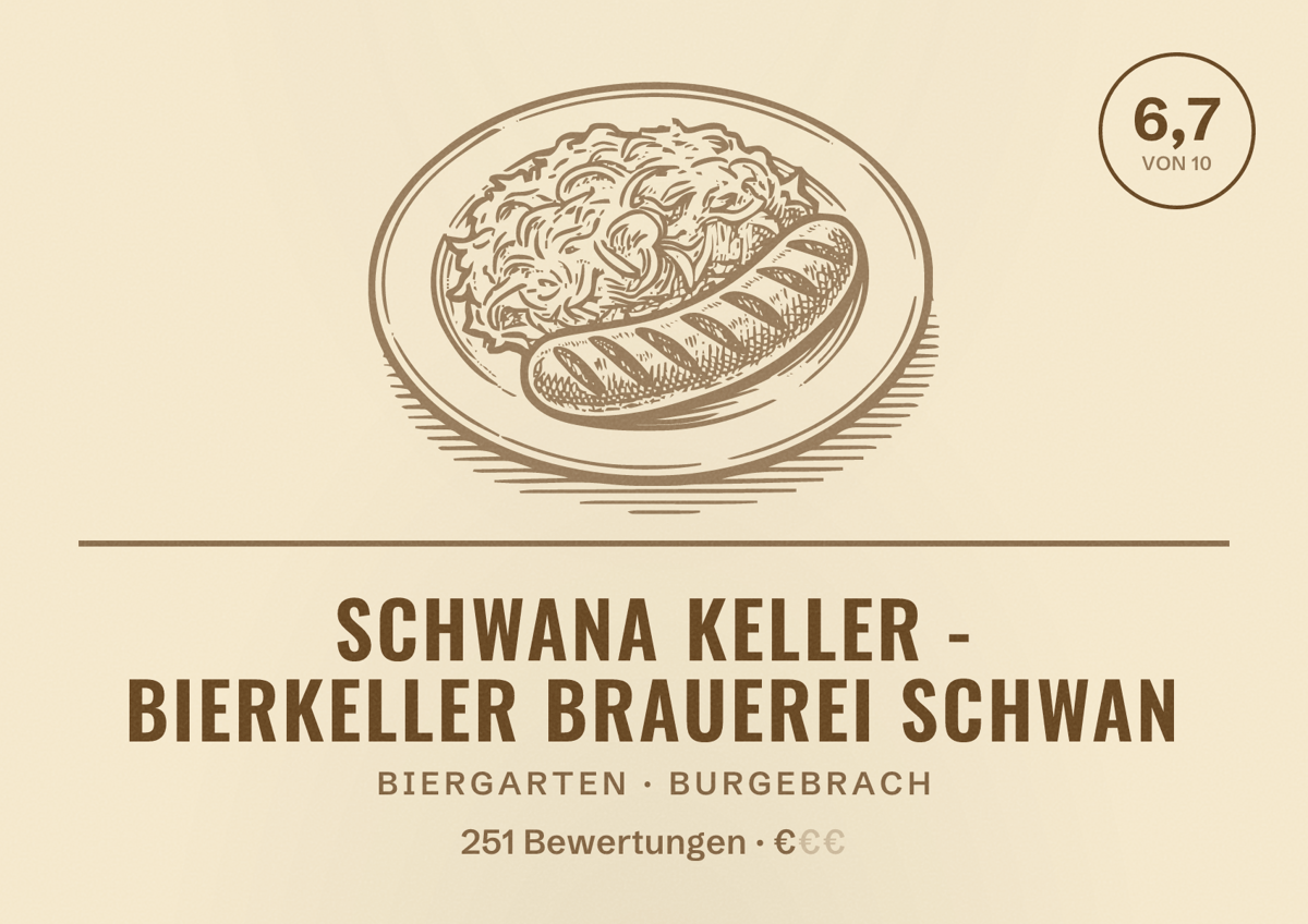 Illustriertes Poster von Schwana Keller - Bierkeller Brauerei Schwan, Biergarten in Burgebrach: Bewertung 6,7 von 10 aus 251 Bewertungen, Preisniveau €