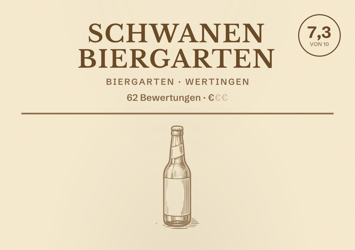 Illustriertes Poster von Schwanen Biergarten, Biergarten in Wertingen: Bewertung 7,3 von 10 aus 62 Bewertungen, Preisniveau €