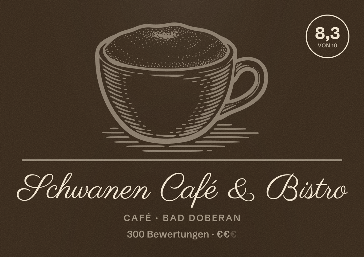 Illustriertes Poster von Schwanen Café & Bistro, Café in Bad Doberan: Bewertung 8,3 von 10 aus 300 Bewertungen, Preisniveau €€