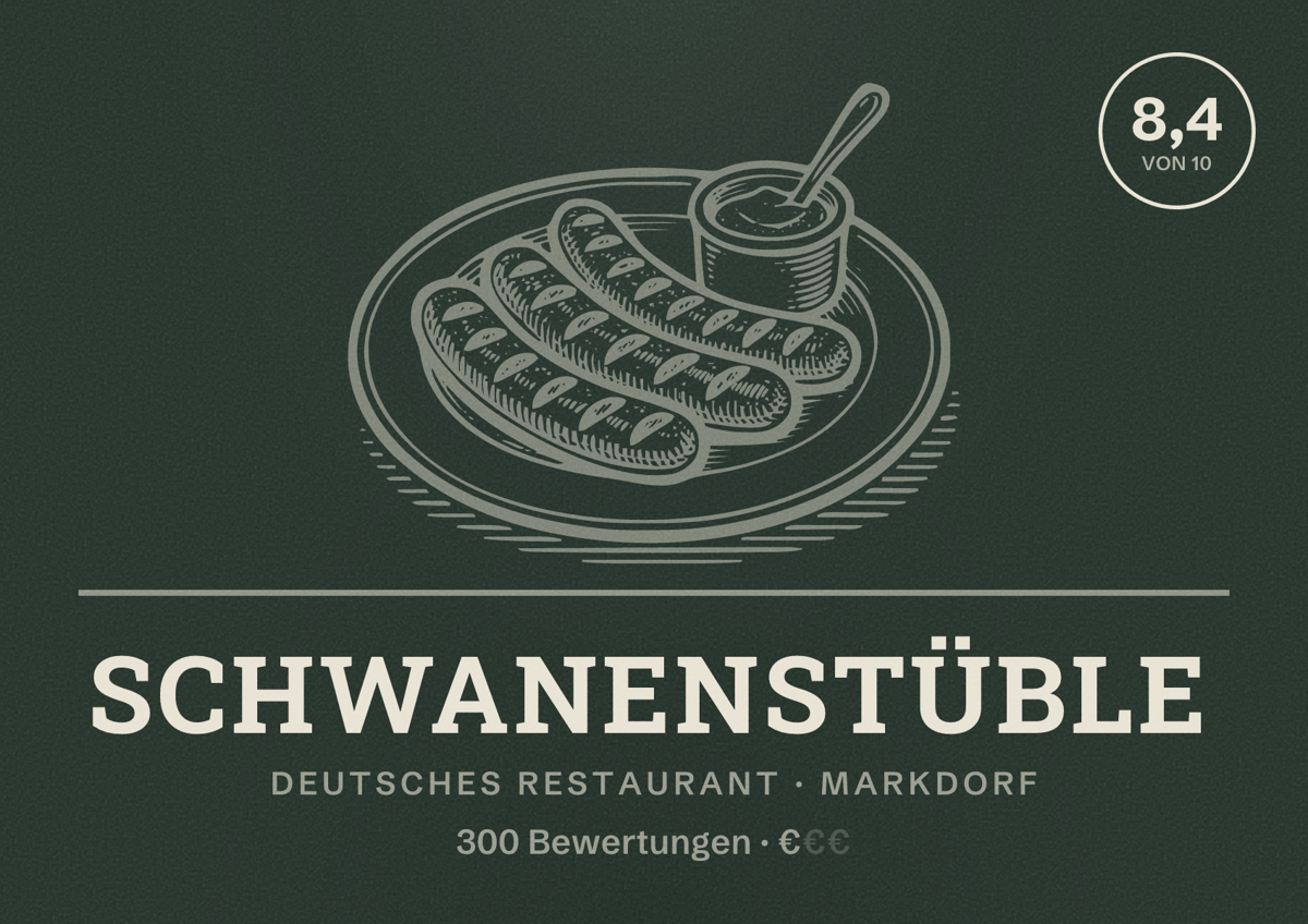 Illustriertes Poster von Schwanenstüble, Deutsches Restaurant in Markdorf: Bewertung 8,4 von 10 aus 300 Bewertungen, Preisniveau €