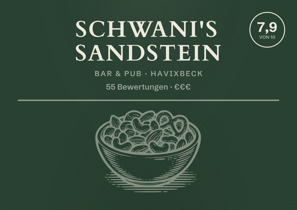 Illustriertes Poster von Schwani's Sandstein, Bar & Pub in Havixbeck: Bewertung 7,9 von 10 aus 55 Bewertungen, Preisniveau €€€