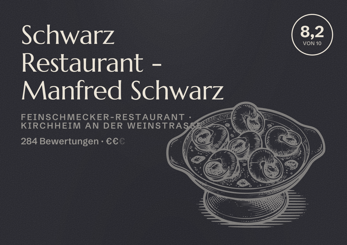 Illustriertes Poster von Schwarz Restaurant - Manfred Schwarz, Feinschmecker-Restaurant in Kirchheim an der Weinstraße: Bewertung 8,2 von 10 aus 284 Bewertungen, Preisniveau €€