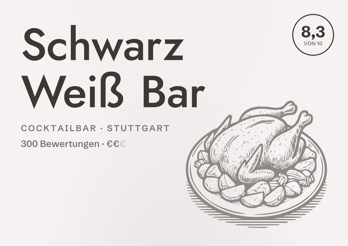 Illustriertes Poster von Schwarz Weiß Bar, Cocktailbar in Stuttgart: Bewertung 8,3 von 10 aus 300 Bewertungen, Preisniveau €€