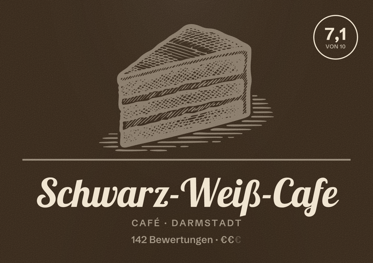 Illustriertes Poster von Schwarz-Weiß-Cafe, Café in Darmstadt: Bewertung 7,1 von 10 aus 142 Bewertungen, Preisniveau €€