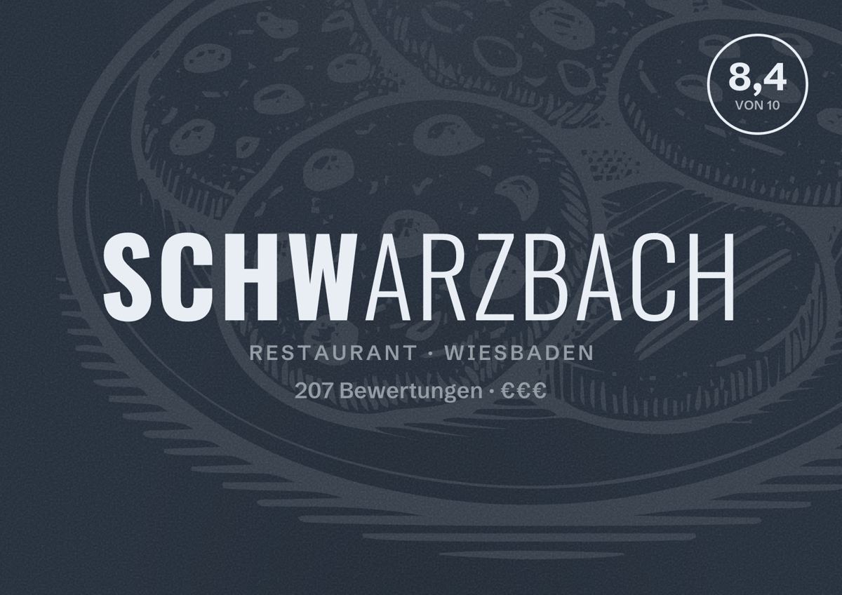 Illustriertes Poster von Schwarzbach, Restaurant in Wiesbaden: Bewertung 8,4 von 10 aus 207 Bewertungen, Preisniveau €€€