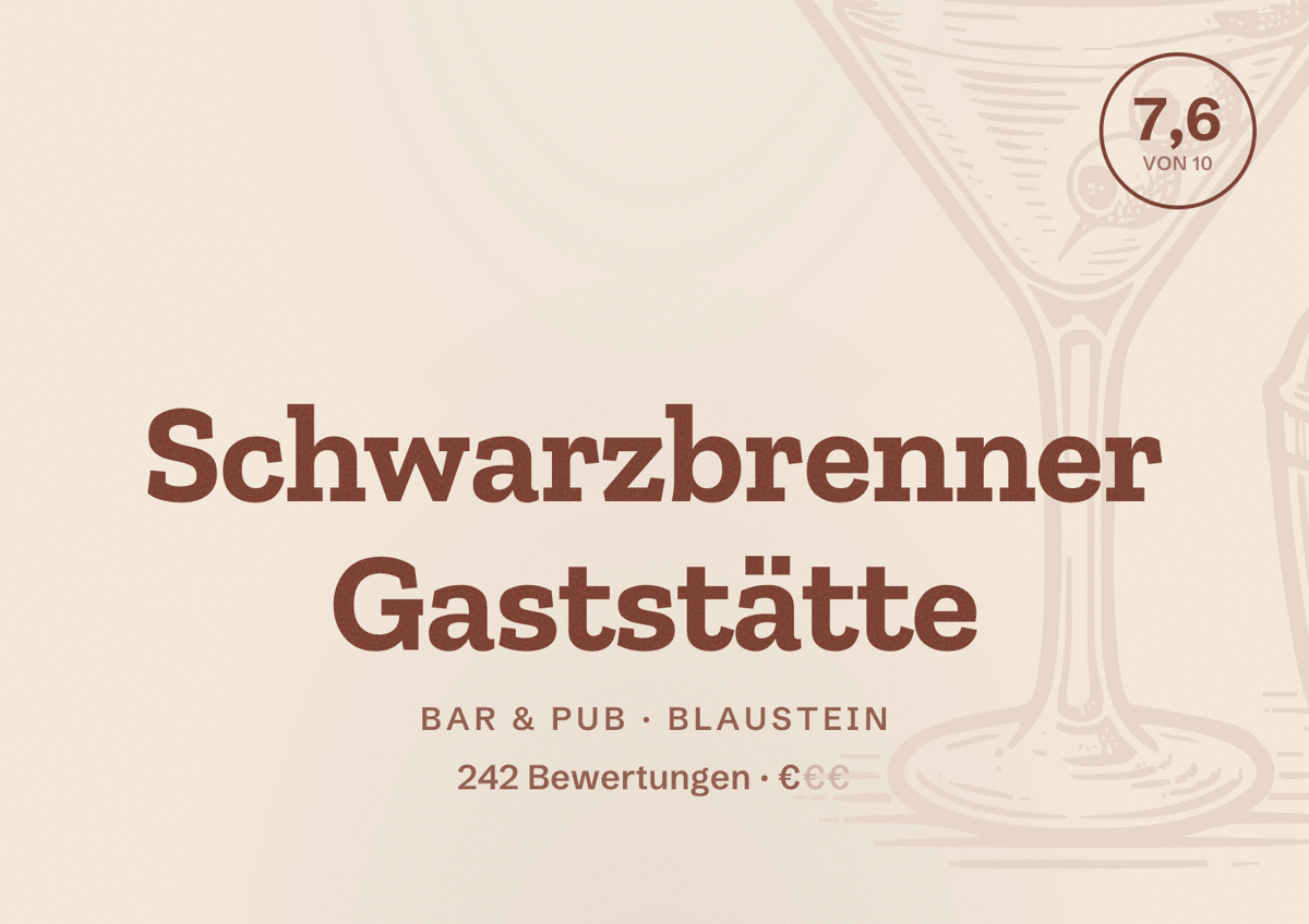 Illustriertes Poster von Schwarzbrenner Gaststätte, Bar & Pub in Blaustein: Bewertung 7,6 von 10 aus 242 Bewertungen, Preisniveau €
