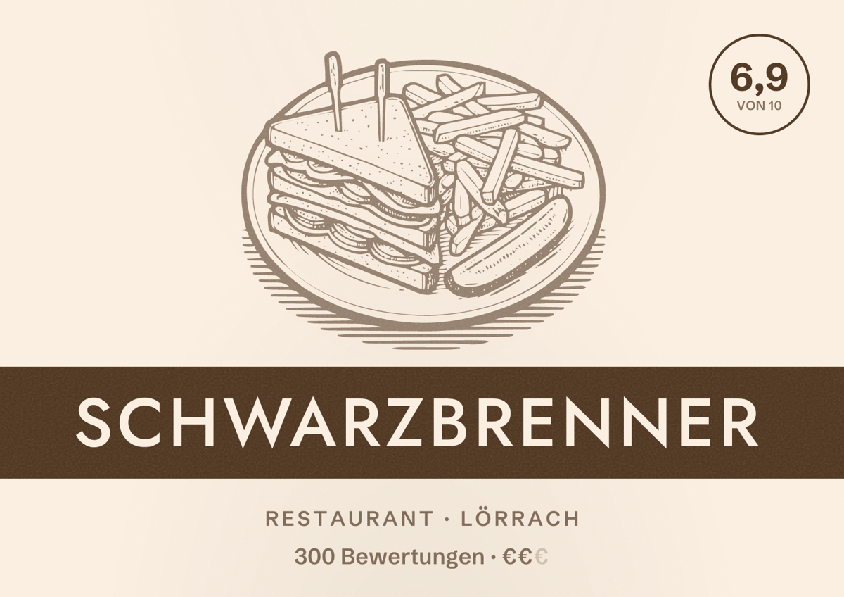 Illustriertes Poster von Schwarzbrenner, Restaurant in Lörrach: Bewertung 6,9 von 10 aus 300 Bewertungen, Preisniveau €€