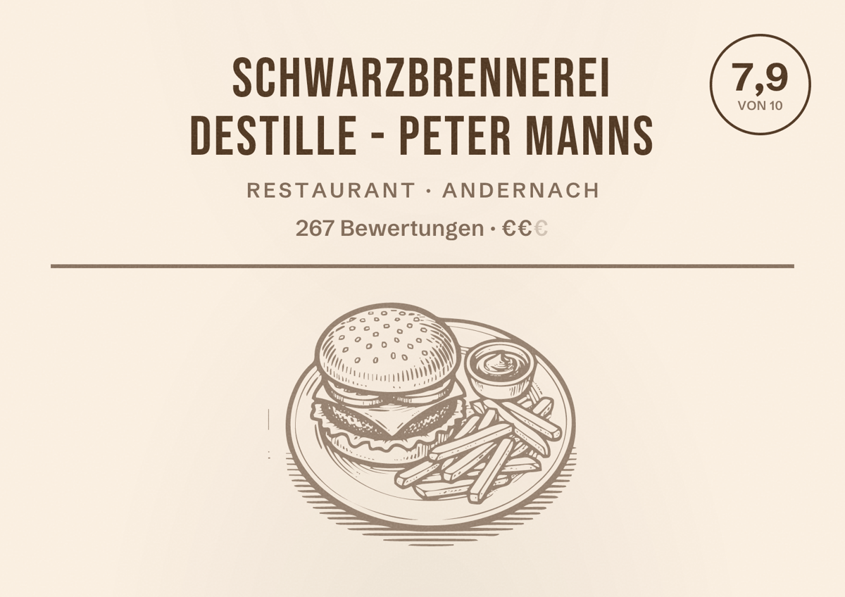 Illustriertes Poster von Schwarzbrennerei Destille - Peter Manns, Restaurant in Andernach: Bewertung 7,9 von 10 aus 267 Bewertungen, Preisniveau €€