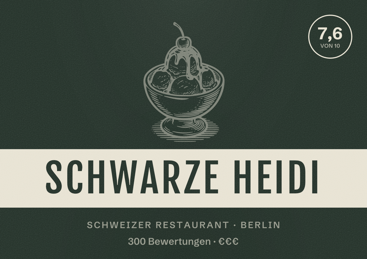 Illustriertes Poster von Schwarze Heidi, Schweizer Restaurant in Berlin: Bewertung 7,6 von 10 aus 300 Bewertungen, Preisniveau €€€