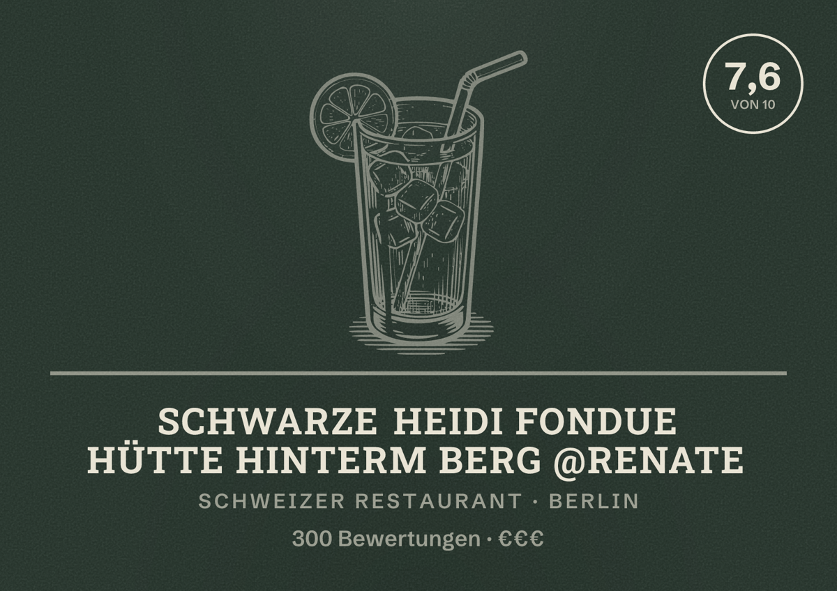 Illustriertes Poster von Schwarze Heidi Fondue Hütte HINTERM BERG @Renate, Schweizer Restaurant in Berlin: Bewertung 7,6 von 10 aus 300 Bewertungen, Preisniveau €€€