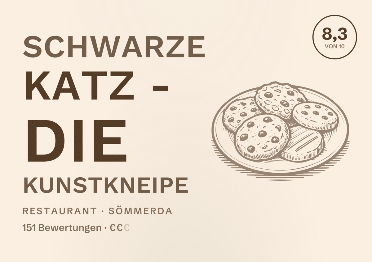 Illustriertes Poster von Schwarze Katz - Die Kunstkneipe, Restaurant in Sömmerda: Bewertung 8,3 von 10 aus 151 Bewertungen, Preisniveau €€