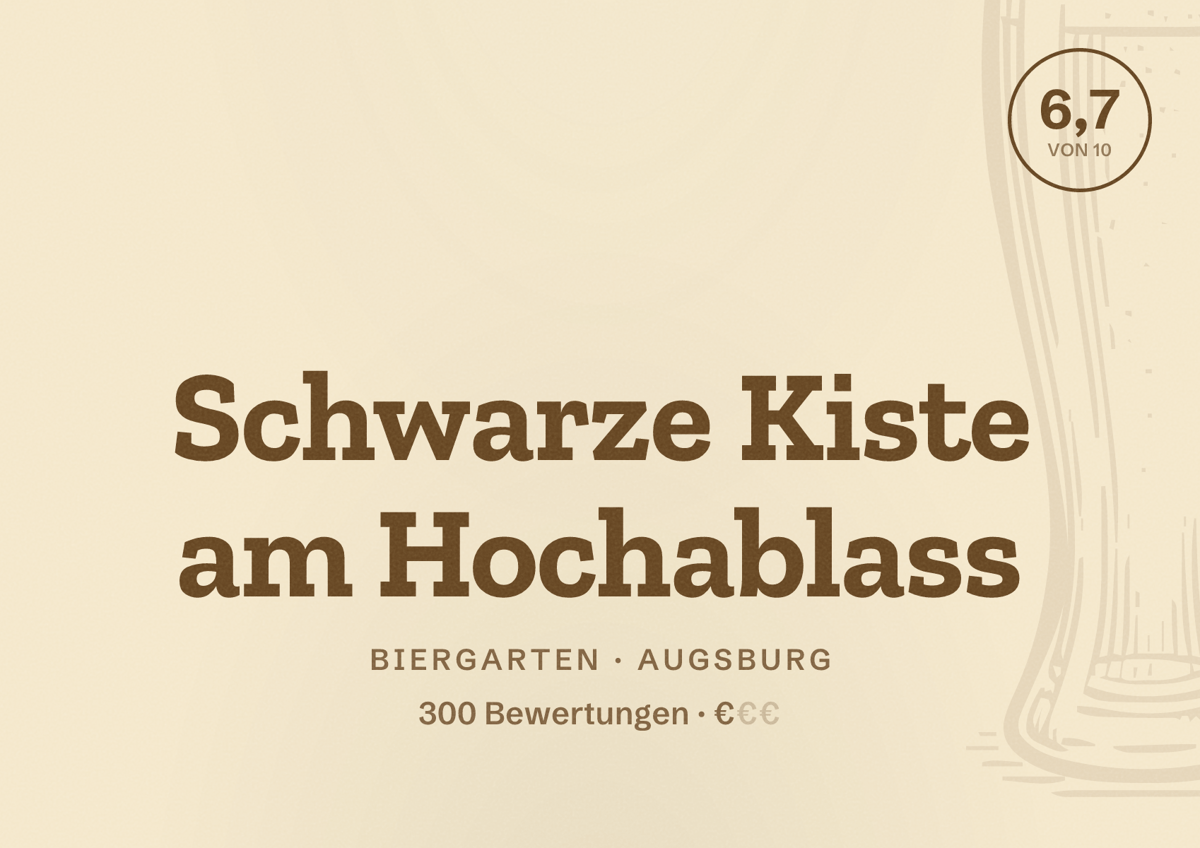 Illustriertes Poster von Schwarze Kiste am Hochablass, Biergarten in Augsburg: Bewertung 6,7 von 10 aus 300 Bewertungen, Preisniveau €