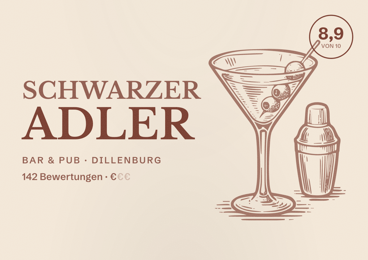 Illustriertes Poster von Schwarzer Adler, Bar & Pub in Dillenburg: Bewertung 8,9 von 10 aus 142 Bewertungen, Preisniveau €