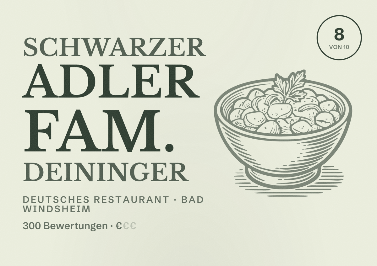Illustriertes Poster von Schwarzer Adler Fam. Deininger, Deutsches Restaurant in Bad Windsheim: Bewertung 8 von 10 aus 300 Bewertungen, Preisniveau €