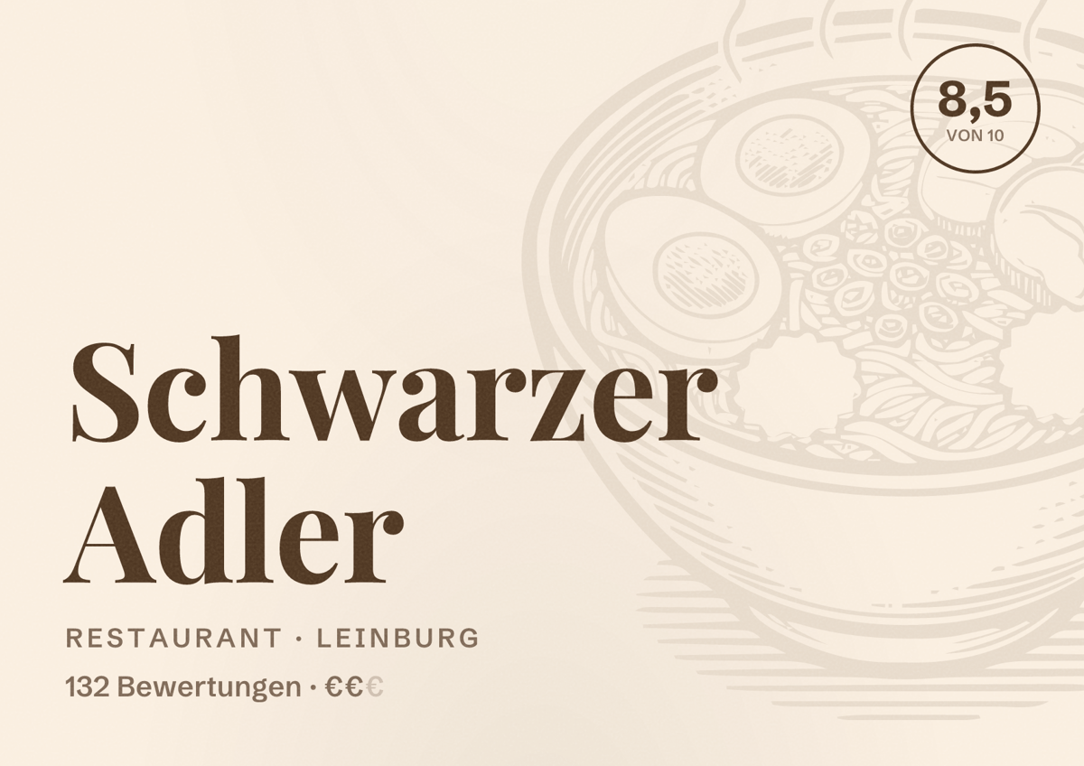Illustriertes Poster von Schwarzer Adler, Restaurant in Leinburg: Bewertung 8,5 von 10 aus 132 Bewertungen, Preisniveau €€