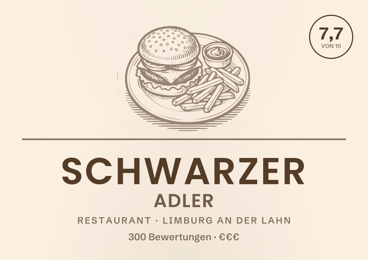 Illustriertes Poster von Schwarzer Adler, Restaurant in Limburg an der Lahn: Bewertung 7,7 von 10 aus 300 Bewertungen, Preisniveau €€€