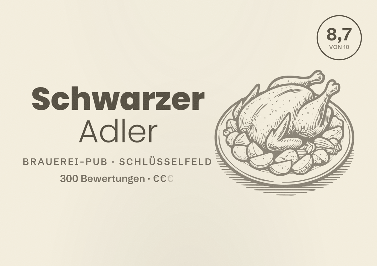Illustriertes Poster von Schwarzer Adler, Brauerei-Pub in Schlüsselfeld: Bewertung 8,7 von 10 aus 300 Bewertungen, Preisniveau €€