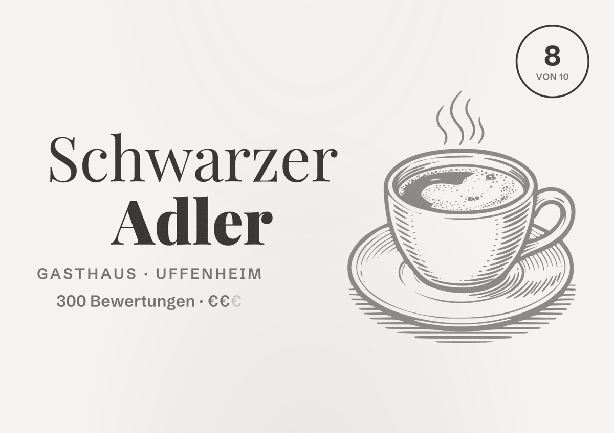 Illustriertes Poster von Schwarzer Adler, Gasthaus in Uffenheim: Bewertung 8 von 10 aus 300 Bewertungen, Preisniveau €€