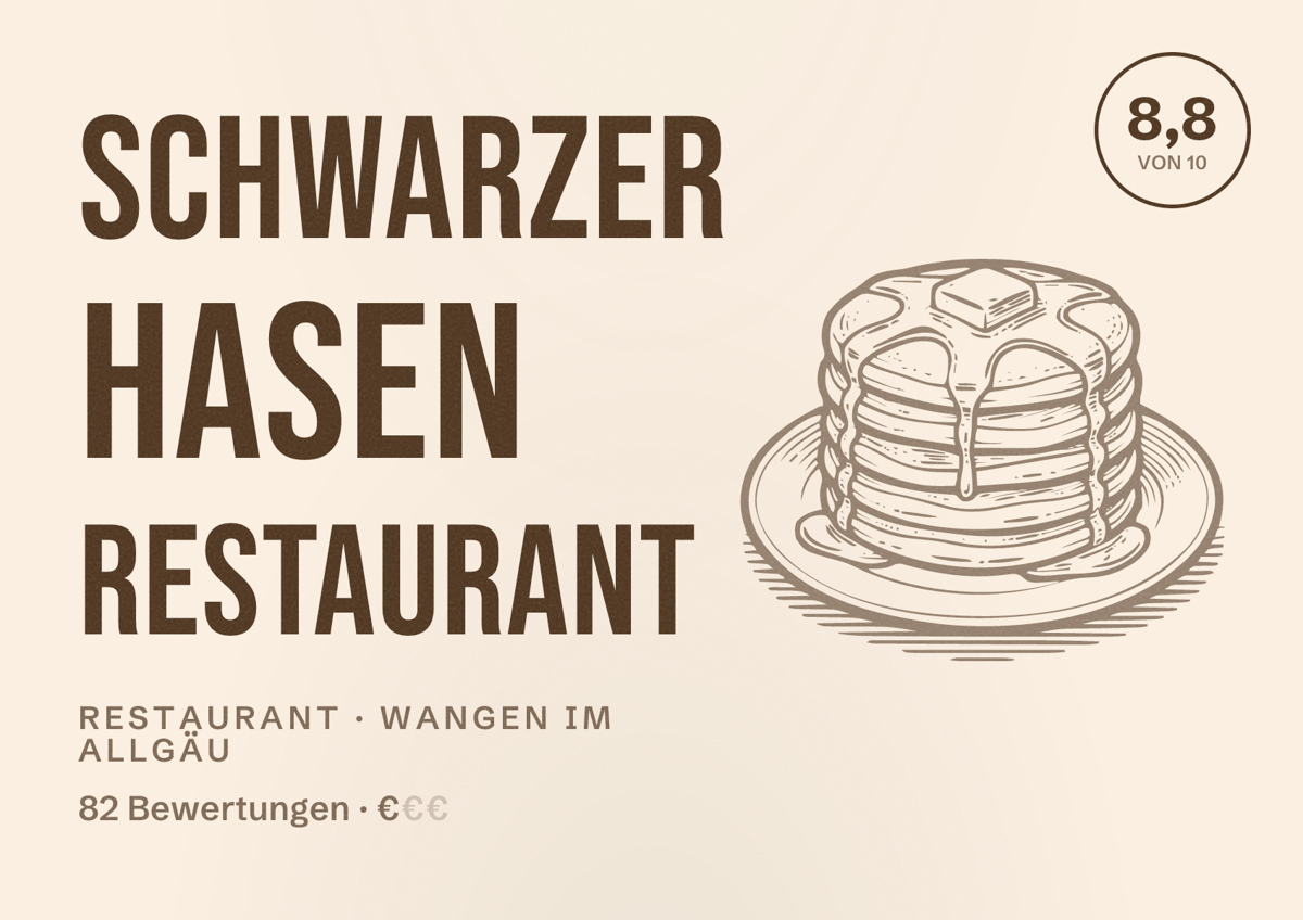 Illustriertes Poster von Schwarzer Hasen Restaurant, Restaurant in Wangen im Allgäu: Bewertung 8,8 von 10 aus 82 Bewertungen, Preisniveau €