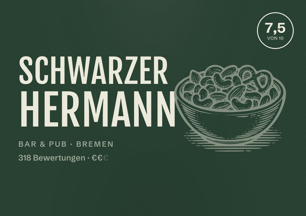 Illustriertes Poster von Schwarzer Hermann, Bar & Pub in Bremen: Bewertung 7,5 von 10 aus 318 Bewertungen, Preisniveau €€