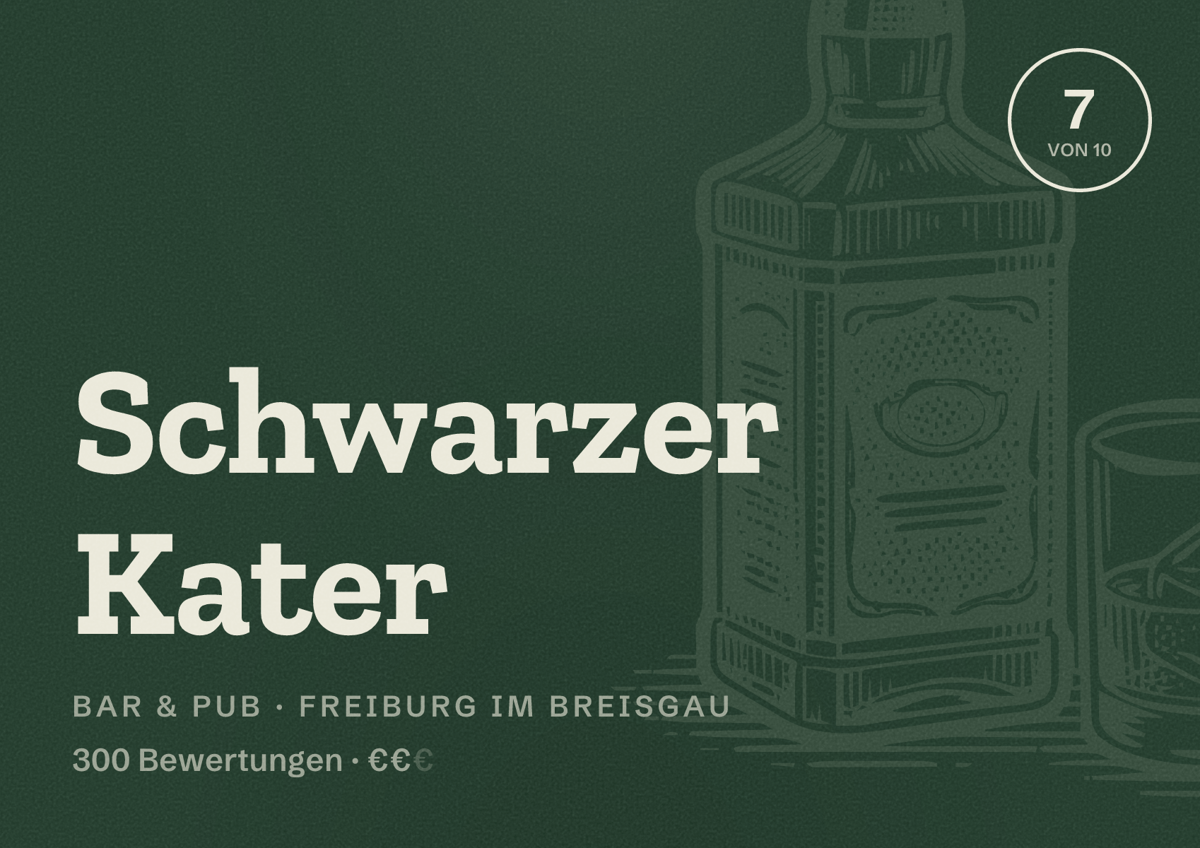 Illustriertes Poster von Schwarzer Kater, Bar & Pub in Freiburg im Breisgau: Bewertung 7 von 10 aus 300 Bewertungen, Preisniveau €€