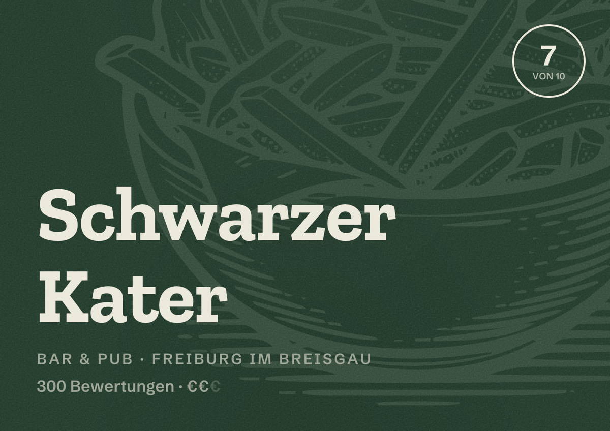 Illustriertes Poster von Schwarzer Kater, Bar & Pub in Freiburg im Breisgau: Bewertung 7,0 von 10 aus 300 Bewertungen, Preisniveau €€