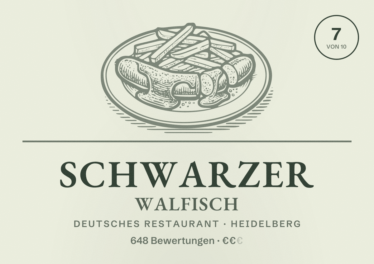 Illustriertes Poster von Schwarzer Walfisch, Deutsches Restaurant in Heidelberg: Bewertung 7 von 10 aus 648 Bewertungen, Preisniveau €€