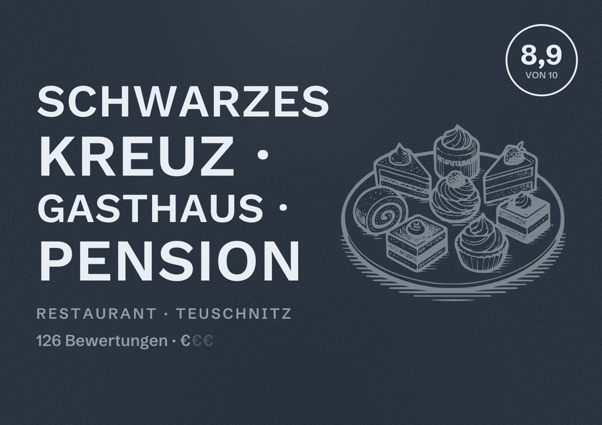 Illustriertes Poster von Schwarzes Kreuz · Gasthaus · Pension, Restaurant in Teuschnitz: Bewertung 8,9 von 10 aus 126 Bewertungen, Preisniveau €