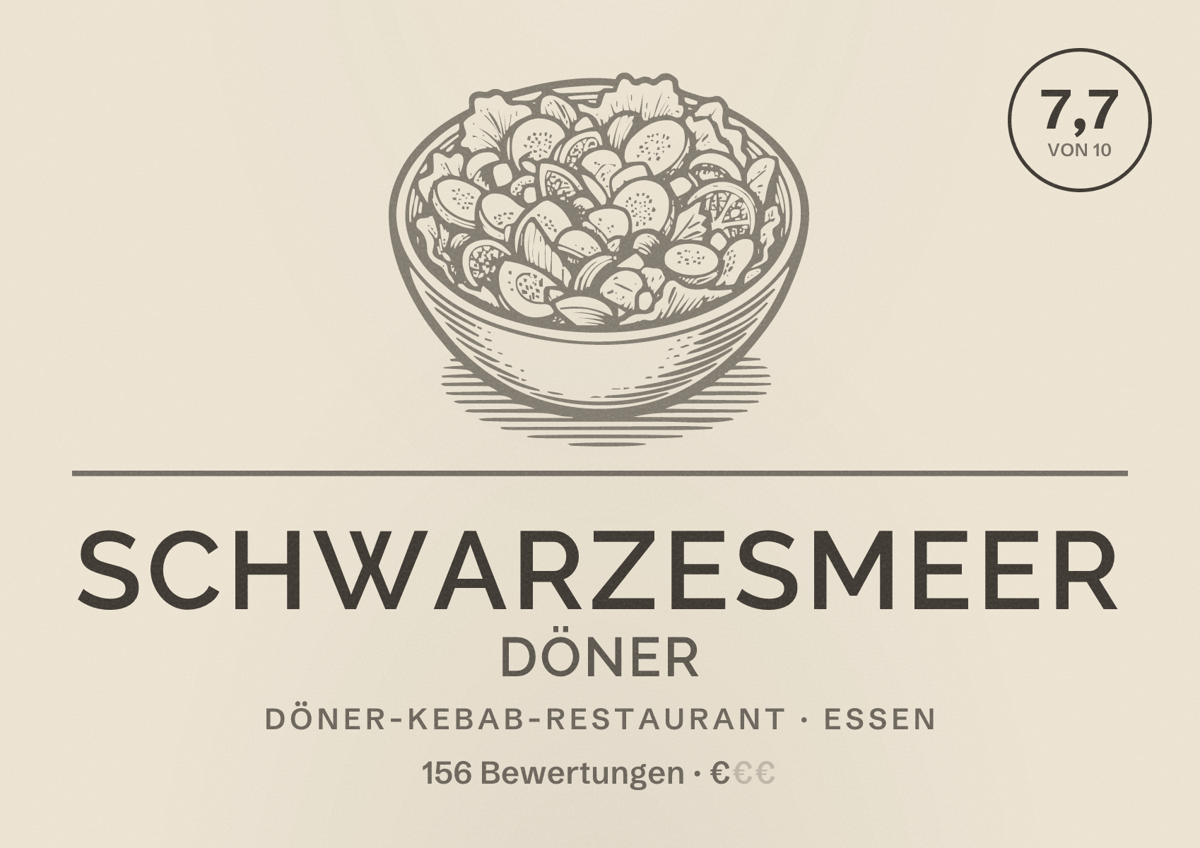 Illustriertes Poster von Schwarzesmeer döner, Döner-Kebab-Restaurant in Essen: Bewertung 7,7 von 10 aus 156 Bewertungen, Preisniveau €