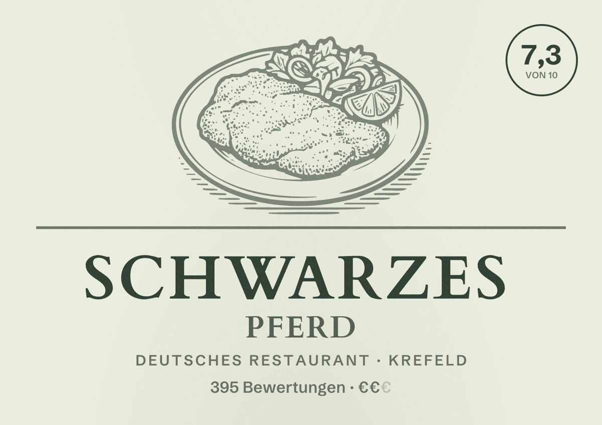 Illustriertes Poster von Schwarzes Pferd, Deutsches Restaurant in Krefeld: Bewertung 7,3 von 10 aus 395 Bewertungen, Preisniveau €€