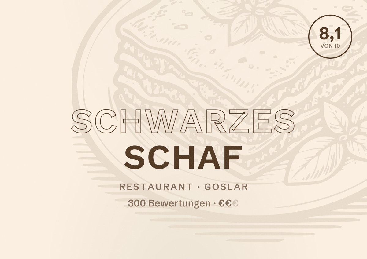 Illustriertes Poster von Schwarzes Schaf, Restaurant in Goslar: Bewertung 8,1 von 10 aus 300 Bewertungen, Preisniveau €€