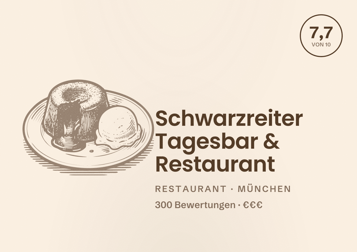 Illustriertes Poster von Schwarzreiter Tagesbar & Restaurant, Restaurant in München: Bewertung 7,7 von 10 aus 300 Bewertungen, Preisniveau €€€