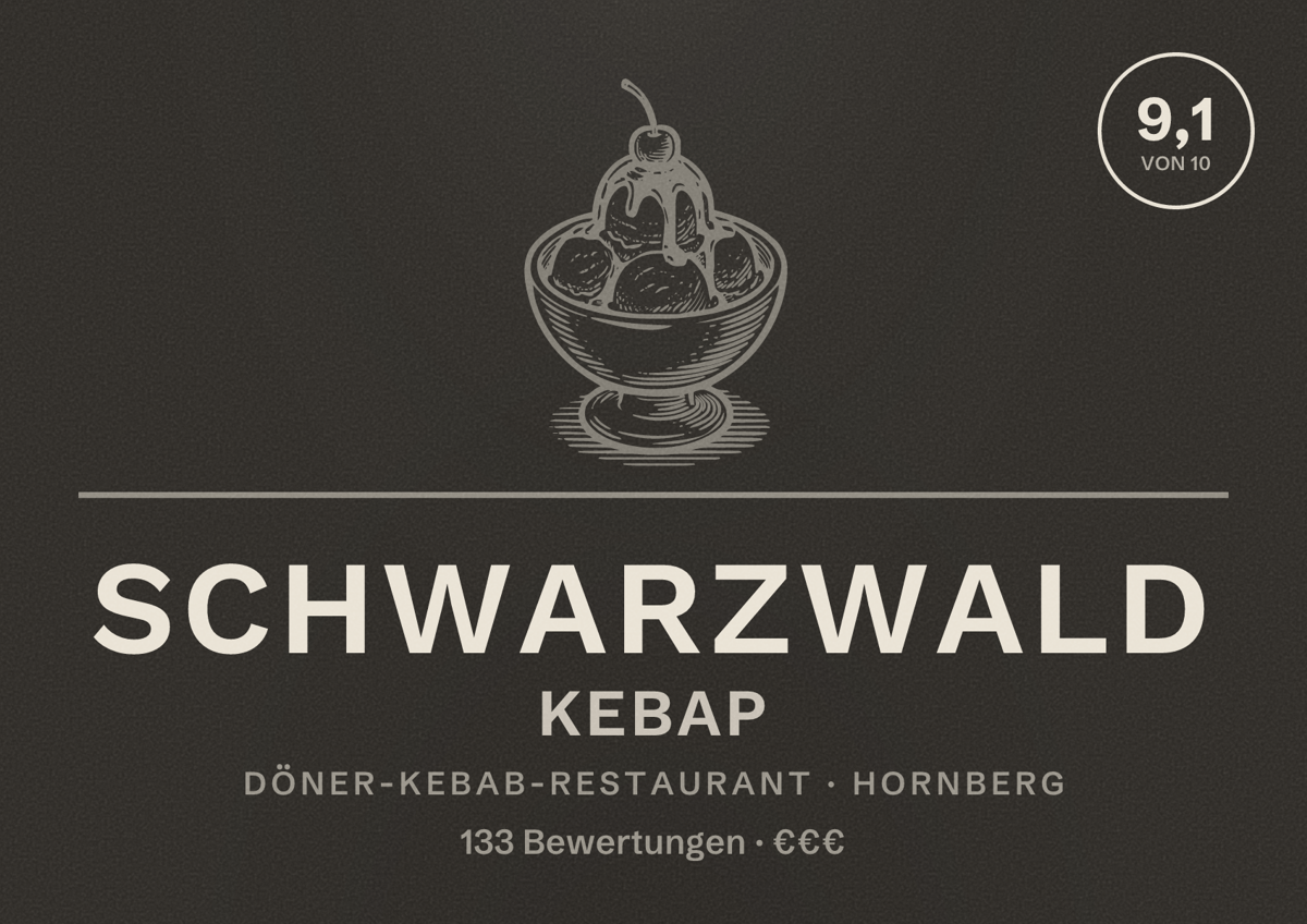 Illustriertes Poster von Schwarzwald Kebap, Döner-Kebab-Restaurant in Hornberg: Bewertung 9,1 von 10 aus 133 Bewertungen, Preisniveau €€€