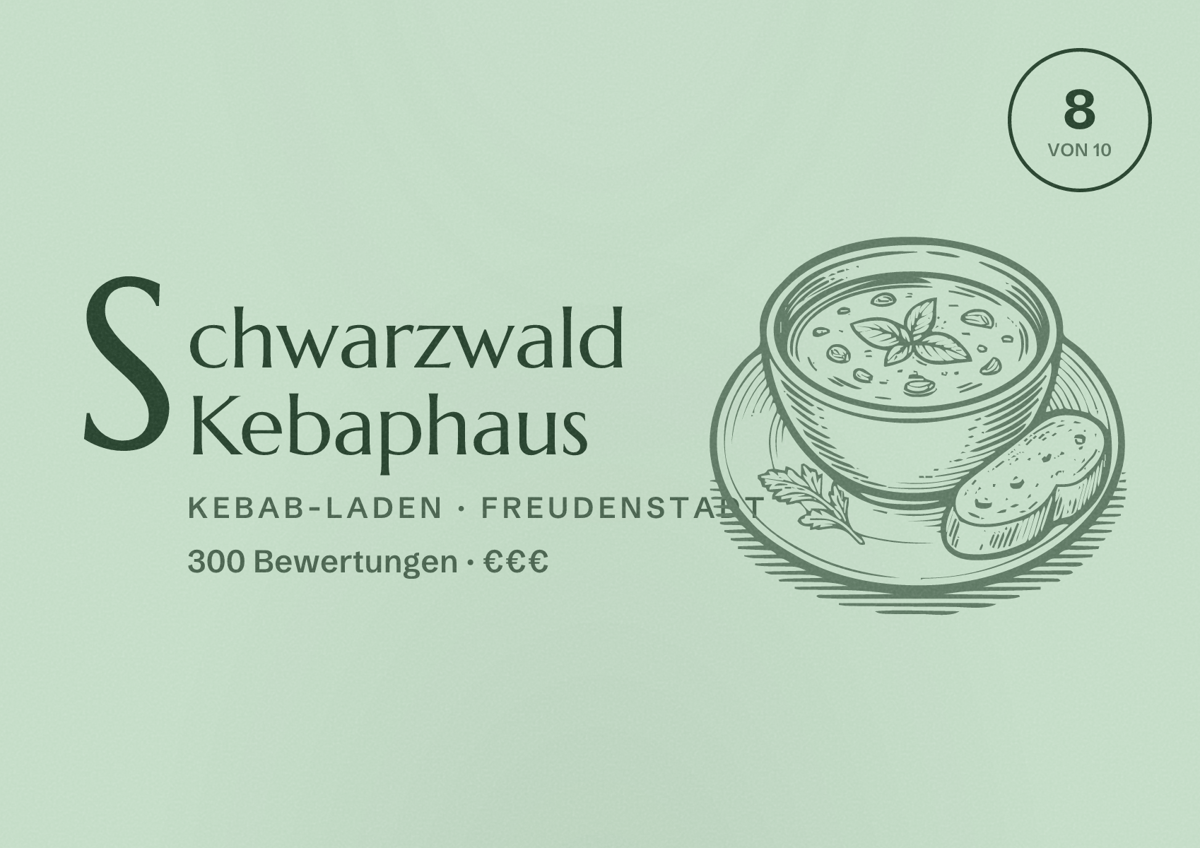 Illustriertes Poster von Schwarzwald Kebaphaus, Kebab-Laden in Freudenstadt: Bewertung 8 von 10 aus 300 Bewertungen, Preisniveau €€€