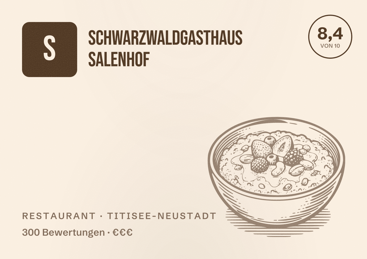 Illustriertes Poster von Schwarzwaldgasthaus Salenhof, Restaurant in Titisee-Neustadt: Bewertung 8,4 von 10 aus 300 Bewertungen, Preisniveau €€€