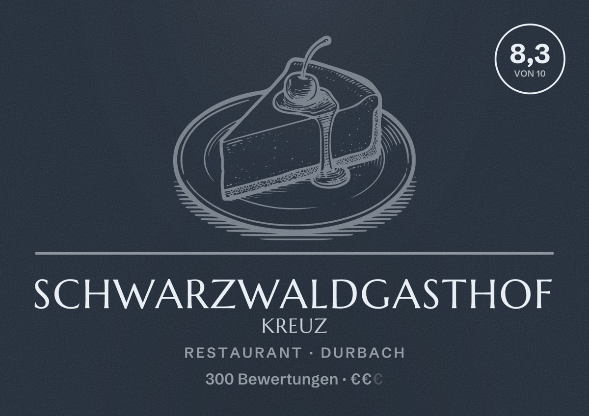 Illustriertes Poster von Schwarzwaldgasthof Kreuz, Restaurant in Durbach: Bewertung 8,3 von 10 aus 300 Bewertungen, Preisniveau €€
