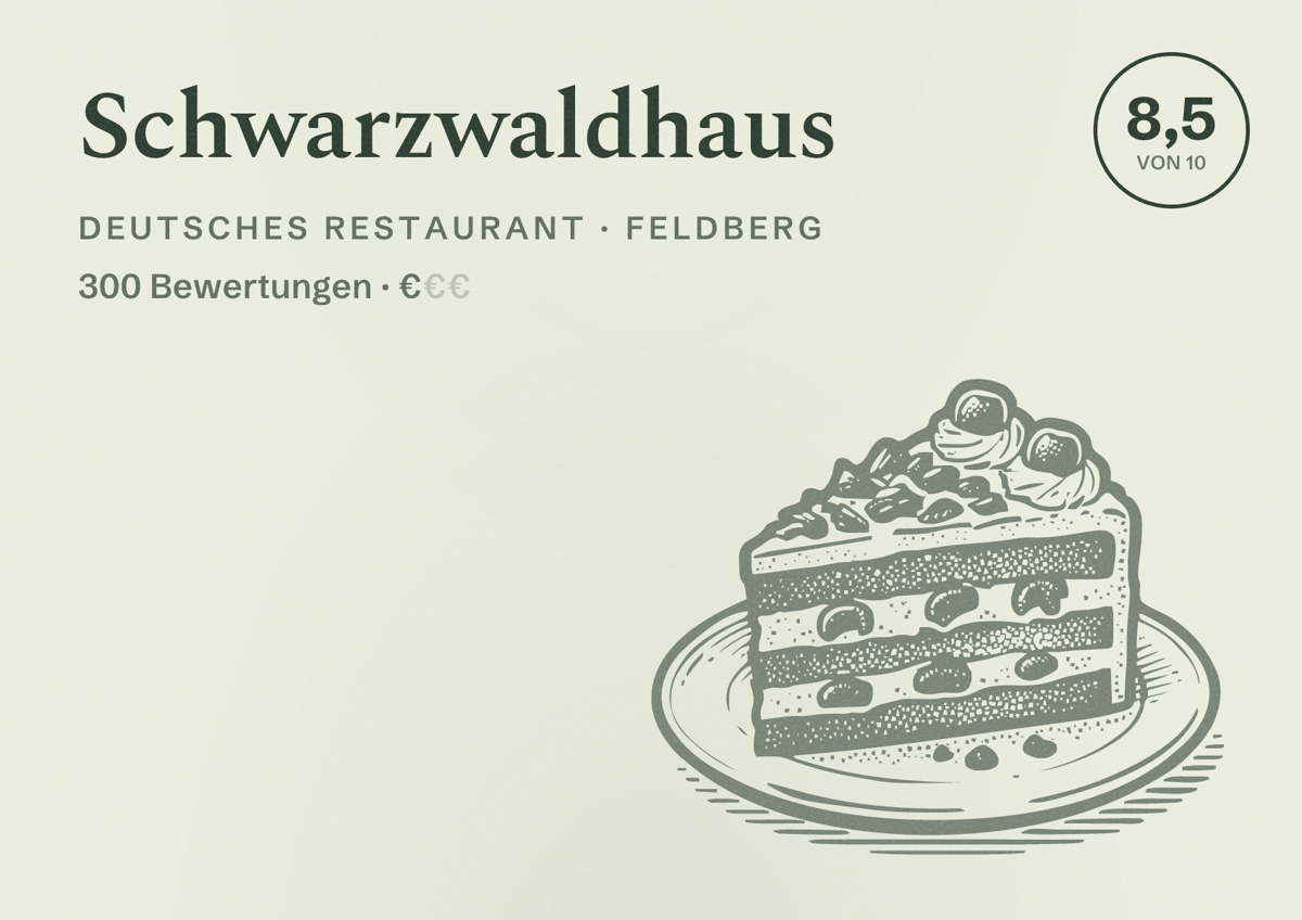 Illustriertes Poster von Schwarzwaldhaus, Deutsches Restaurant in Feldberg: Bewertung 8,5 von 10 aus 300 Bewertungen, Preisniveau €