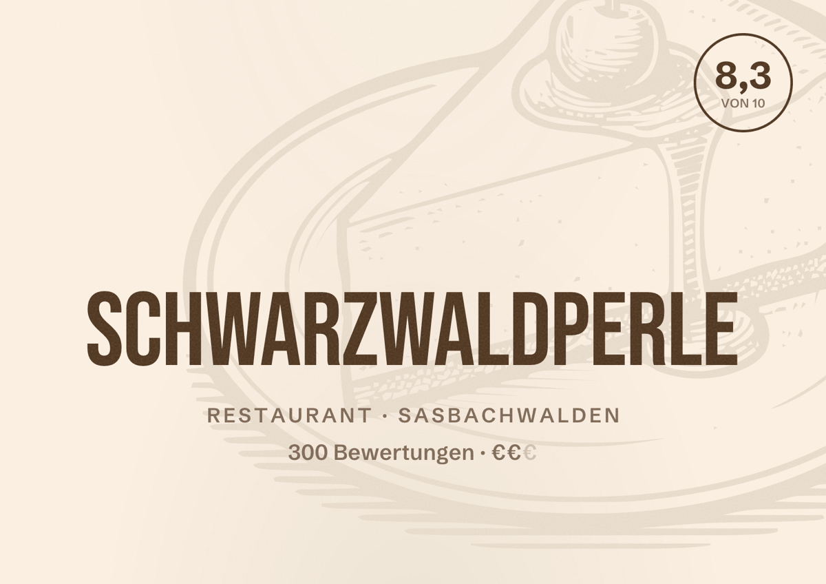 Illustriertes Poster von Schwarzwaldperle, Restaurant in Sasbachwalden: Bewertung 8,3 von 10 aus 300 Bewertungen, Preisniveau €€