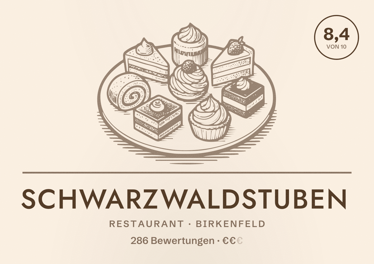 Illustriertes Poster von Schwarzwaldstuben, Restaurant in Birkenfeld: Bewertung 8,4 von 10 aus 286 Bewertungen, Preisniveau €€