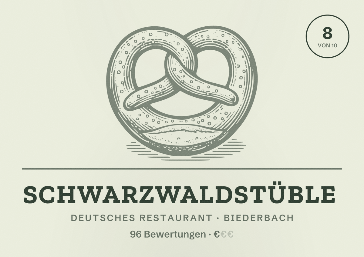 Illustriertes Poster von Schwarzwaldstüble, Deutsches Restaurant in Biederbach: Bewertung 8 von 10 aus 96 Bewertungen, Preisniveau €