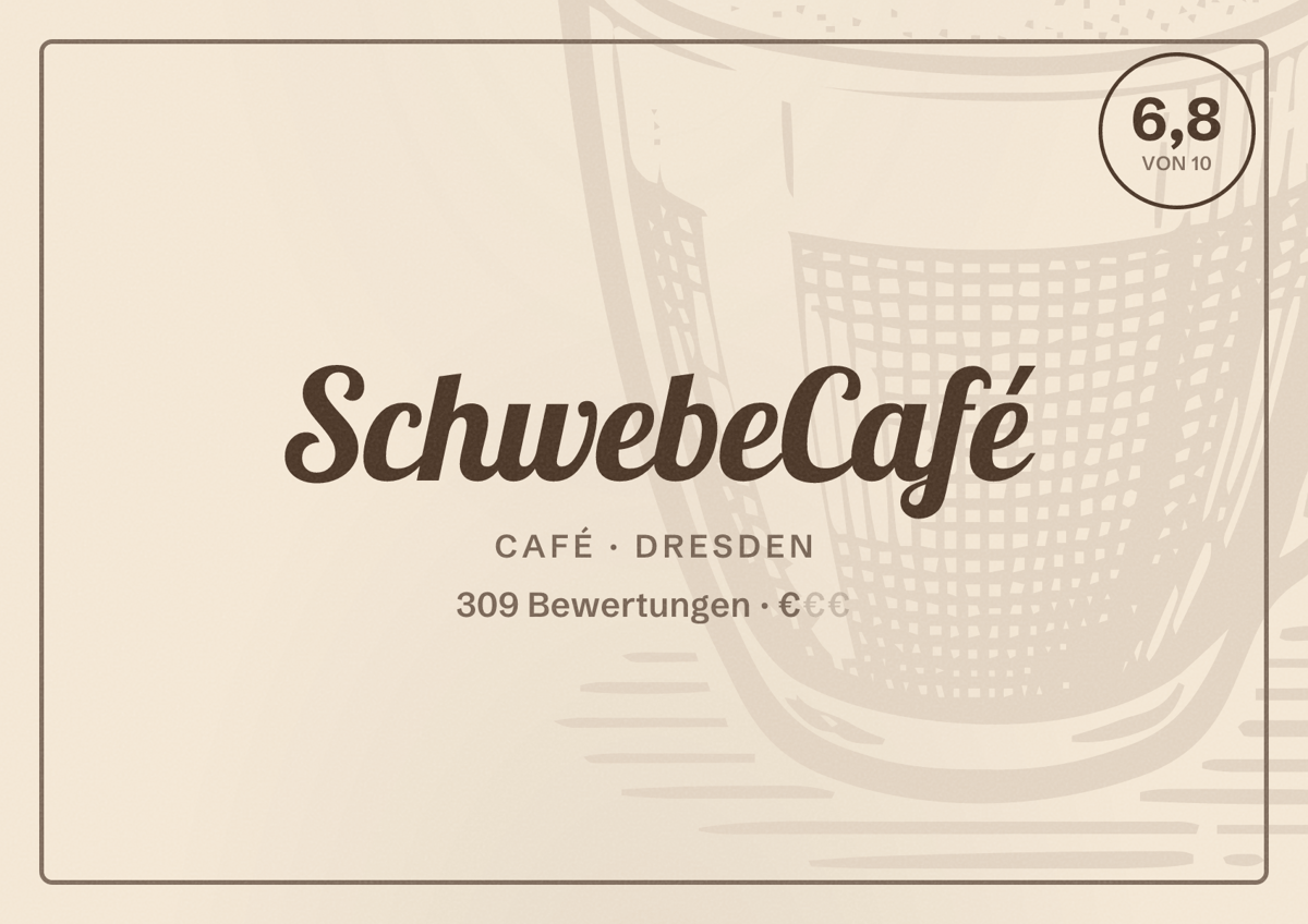 Illustriertes Poster von SchwebeCafé, Café in Dresden: Bewertung 6,8 von 10 aus 309 Bewertungen, Preisniveau €