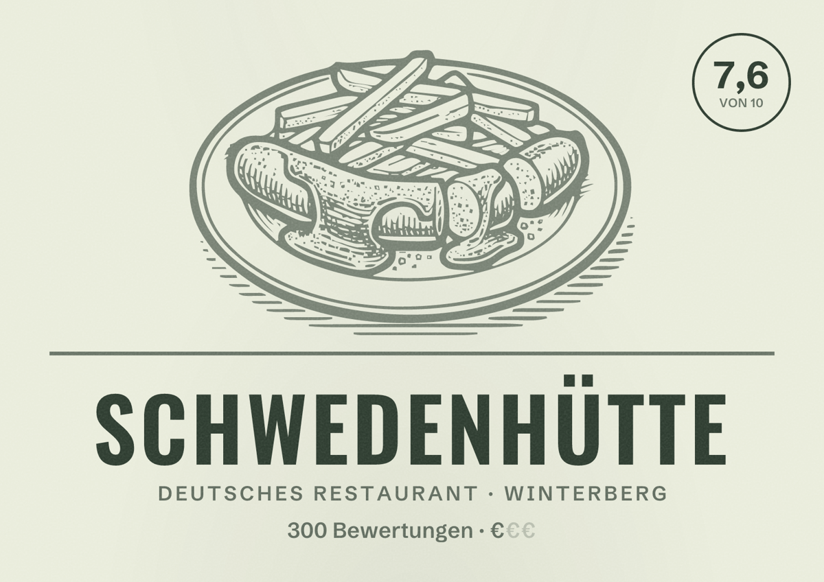 Illustriertes Poster von Schwedenhütte, Deutsches Restaurant in Winterberg: Bewertung 7,6 von 10 aus 300 Bewertungen, Preisniveau €