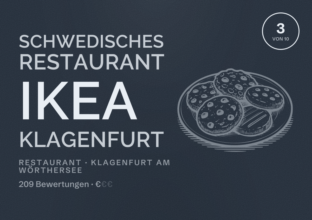 Illustriertes Poster von Schwedisches Restaurant IKEA Klagenfurt, Restaurant in Klagenfurt am Wörthersee: Bewertung 3 von 10 aus 209 Bewertungen, Preisniveau €