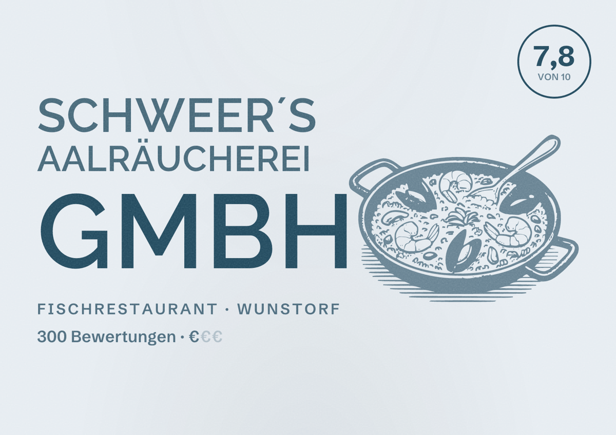Illustriertes Poster von Schweer´s Aalräucherei GmbH, Fischrestaurant in Wunstorf: Bewertung 7,8 von 10 aus 300 Bewertungen, Preisniveau €