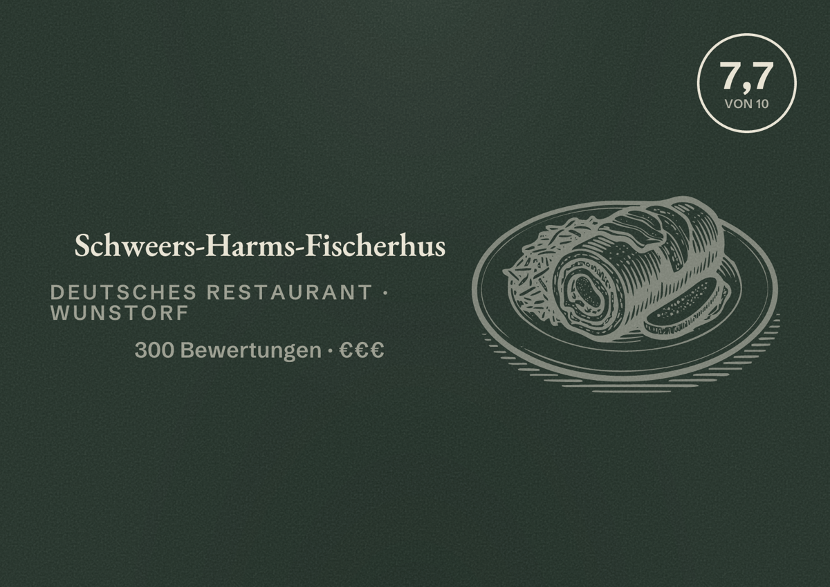 Illustriertes Poster von Schweers-Harms-Fischerhus, Deutsches Restaurant in Wunstorf: Bewertung 7,7 von 10 aus 300 Bewertungen, Preisniveau €€€