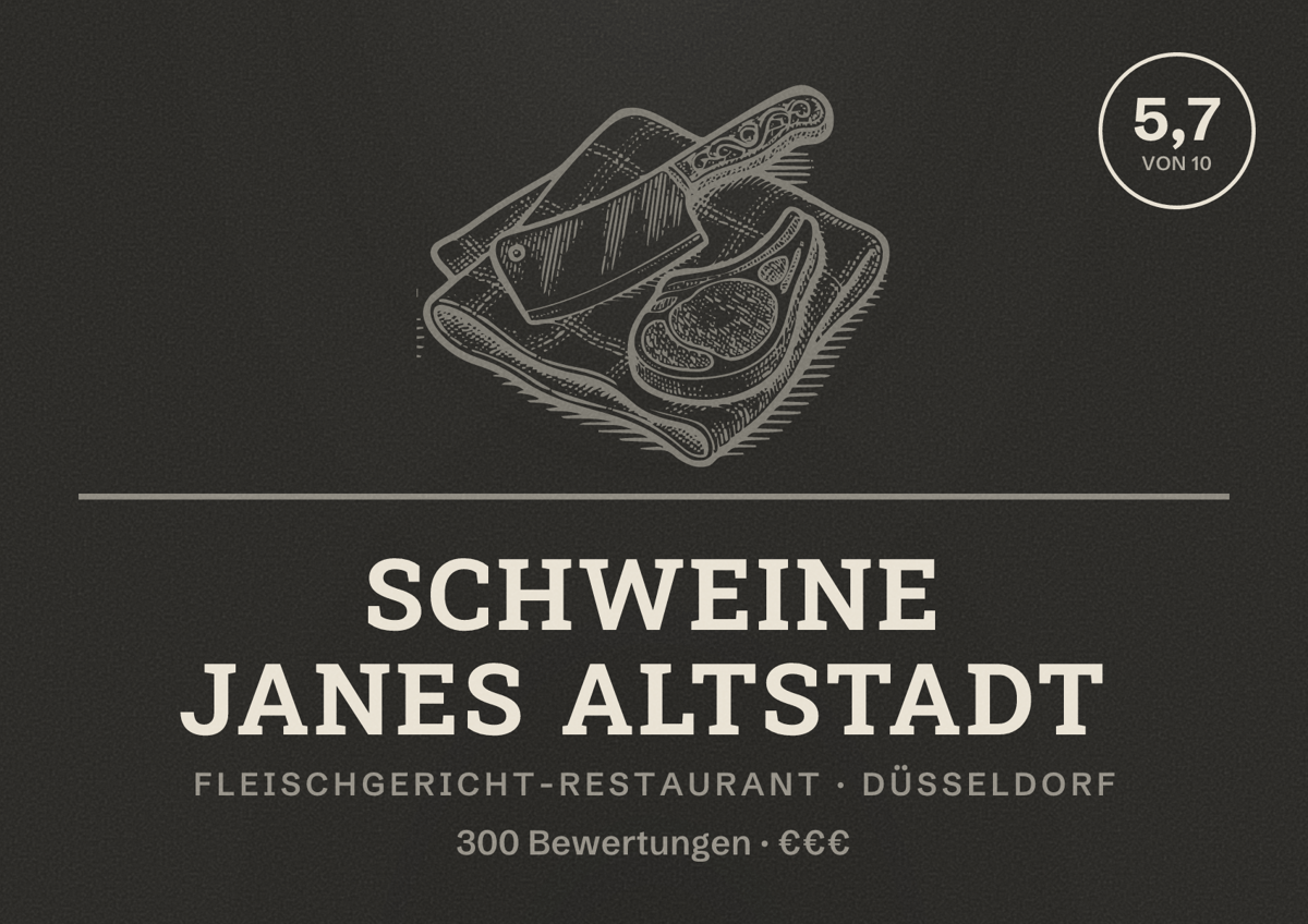 Illustriertes Poster von Schweine Janes Altstadt, Fleischgericht-Restaurant in Düsseldorf: Bewertung 5,7 von 10 aus 300 Bewertungen, Preisniveau €€€